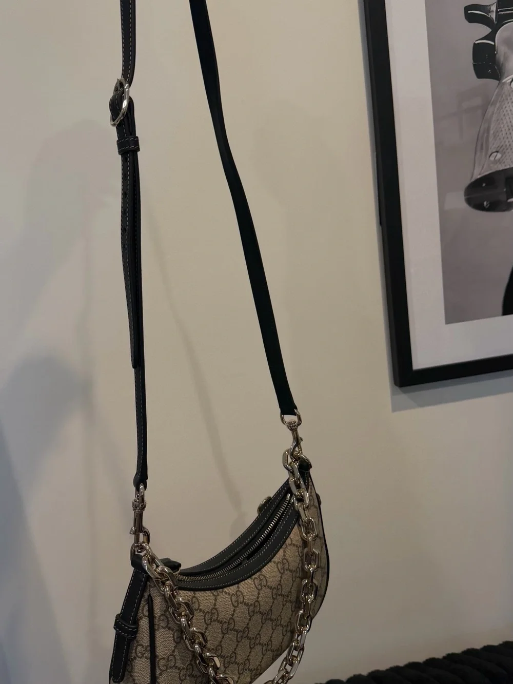 Gucci Beige GG Canvas Shoulder Bag with Gold Chain Trim